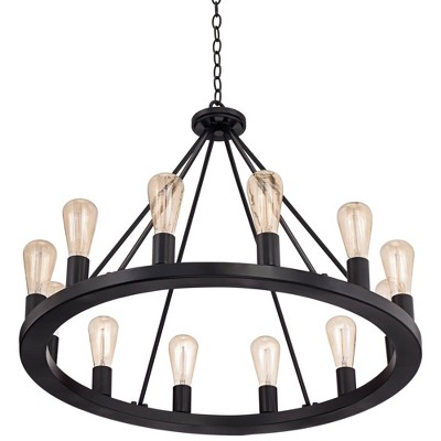 Lacey 32" Black Industrial Wagon Wheel 12-Light Chandelier