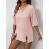Women's Casual V - Neck Waffle Knit Half - Sleeve Top with Side Slits - 4 of 4