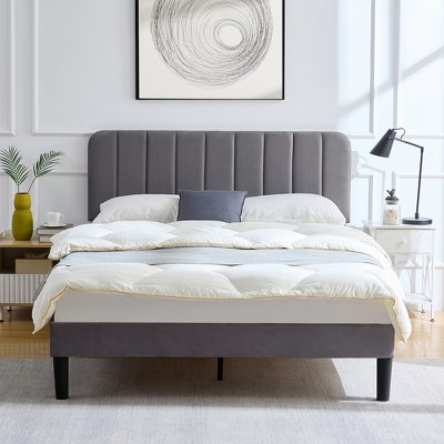 VECELO Velvet Upholstered Platform Bed Frame with Adjustable Headboard, Sturdy Wood Slat Support, No Box Spring Required