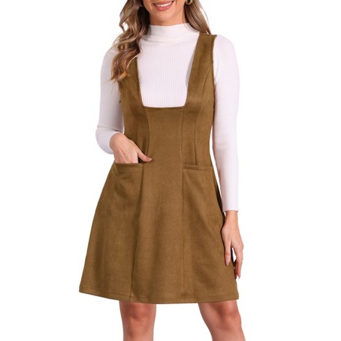 INSPIRE CHIC Women s Sleeveless Pockets Vintage Faux Suede Pinafore Overall Dress Brown X Small