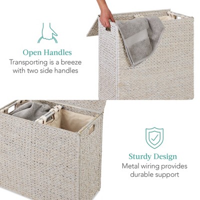 Large White Water Hyacinth Double Laundry Hamper with Lid