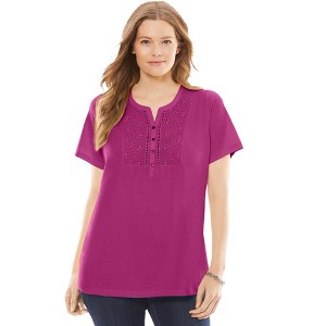 Woman Within Women's Plus Size Eyelet Henley Tee - 1 of 4