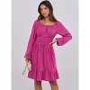 Long Lantern Sleeve Swing Dress with Square Neck & Ruffle Hem, Elastic Waist A-Line Short Dress for Women, Fall Fashion Dark Pink - 2 of 4