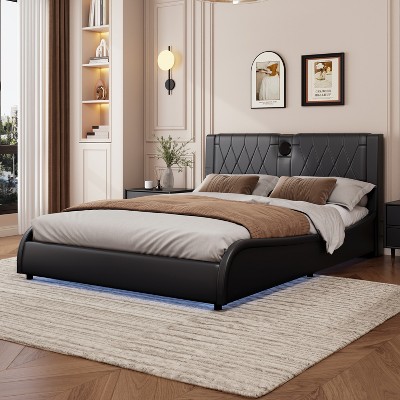 Full/Queen/King Size Luxurious Faux Leather Upholstered Platform Bed with Thickened Headboard, Bluetooth Speakers and RGB LED Light - ModernLuxe