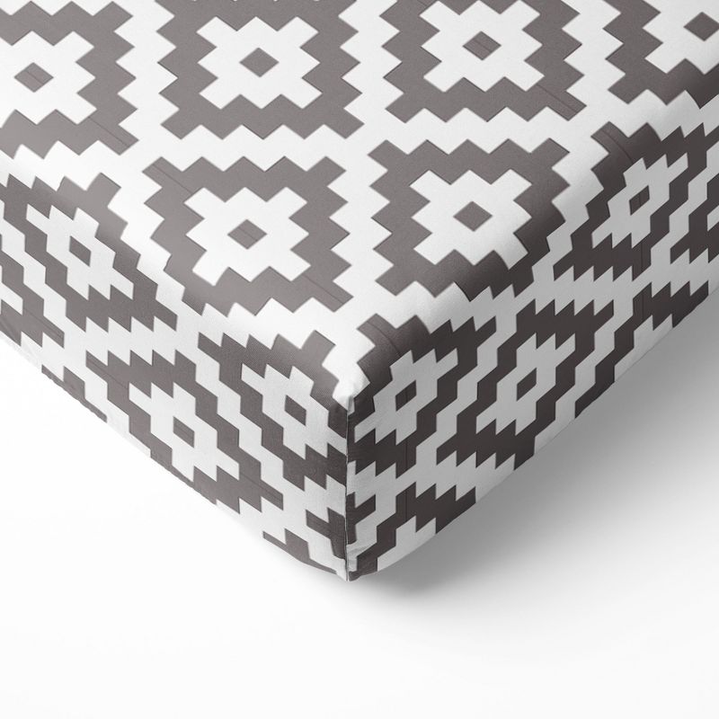 Bacati - Gray Aztec Print Diamonds 100 percent Cotton Universal Baby US Standard Crib or Toddler Bed Fitted Sheet, 1 of 6