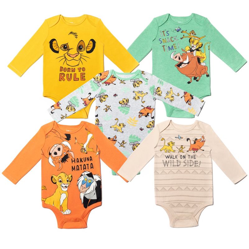 Disney Lion King Winnie the Pooh Mickey Mouse Baby 5 Pack Bodysuits Newborn to Infant, 1 of 9