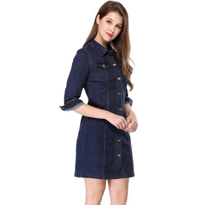 Allegra K Women's 3/4 Sleeve Turndown Collar Button Down Denim Shirt ...