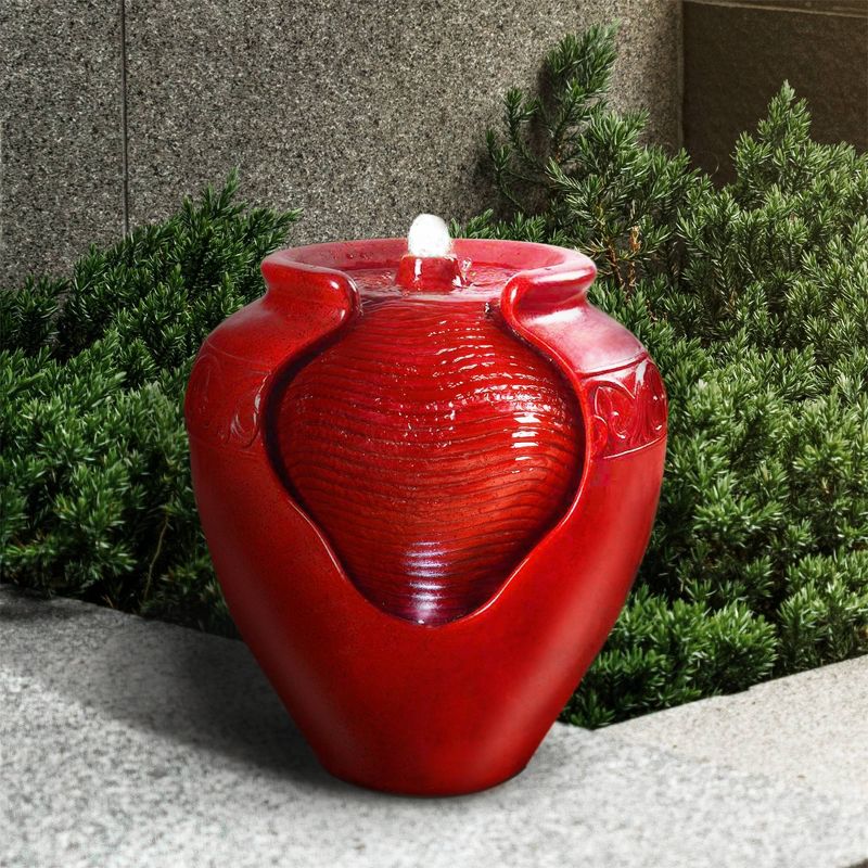 16.93&#34; Glazed Pot Outdoor Floor Fountain with LED Lights - Red - Teamson Home, 3 of 11