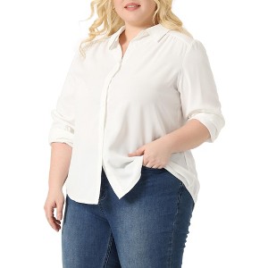 Agnes Orinda Women's Plus Size V Neck Long Sleeve Classic Fit Business Office Button Down Shirts - 1 of 4