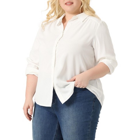 Agnes Orinda Women's Plus Size V Neck Long Sleeve Classic Fit Business  Office Button Down Shirts White 4X