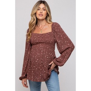 PinkBlush Brown Floral Smocked Long Sleeve Maternity Top - 1 of 4