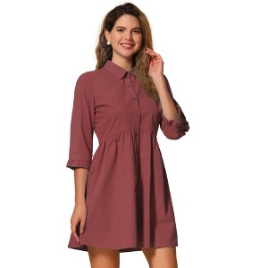 INSPIRE CHIC Women's 3/4 Sleeve Button Front Solid Color Flare Mini Shirt Dress - 1 of 4