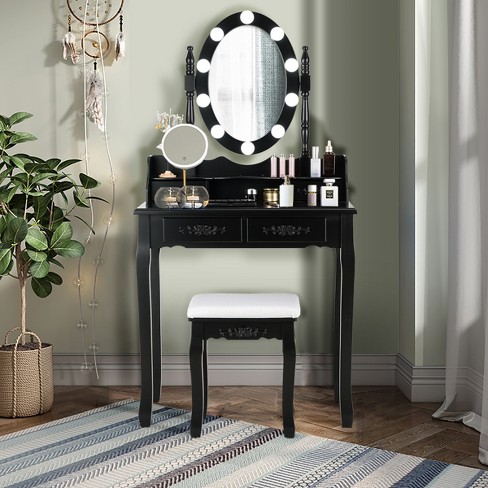 Costway Vanity Table Set With Lighted Mirror 8 Led Bulbs Large Drawer  Cushion Stool : Target