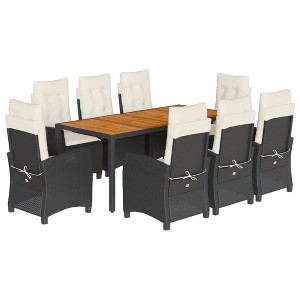 vidaXL 9 Piece Patio Dining Set with Cushions - Black Poly Rattan, Reclining Chairs, PE Rattan, Acacia Wood Table, Outdoor, Garden, Backyard, Patio - 1 of 4