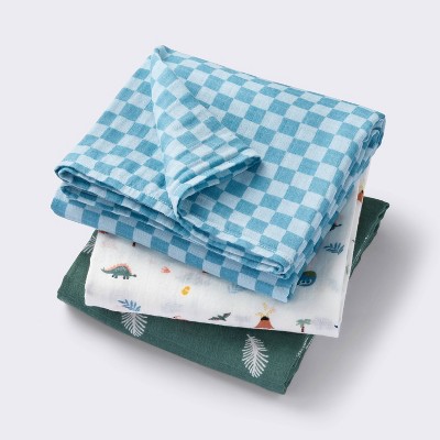 Muslin Swaddle Baby Blanket - Dino Check - 3pk - Cloud Island™ : Target