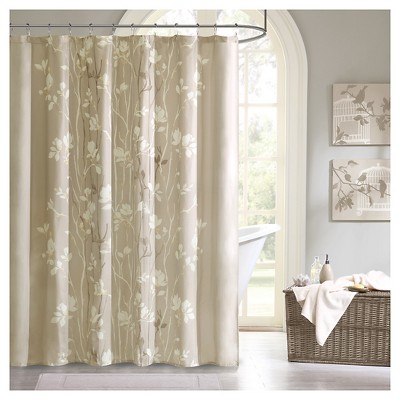 taupe and white shower curtain