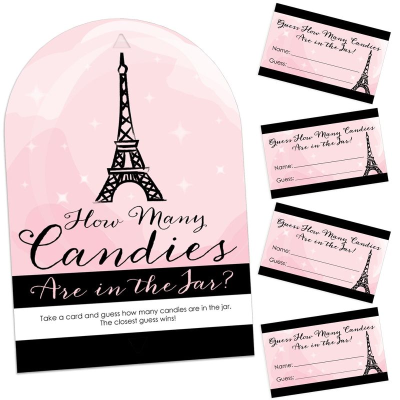 Big Dot of Happiness Paris, Ooh La La - How Many Candies Paris Themed Baby Shower or Birthday Party Game - 1 Stand and 40 Cards - Candy Guessing Game, 1 of 9
