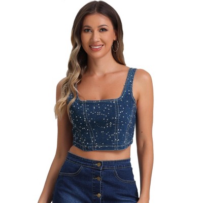 Allegra K Women's Denim Bustier Sleeveless Corset Crop Tops