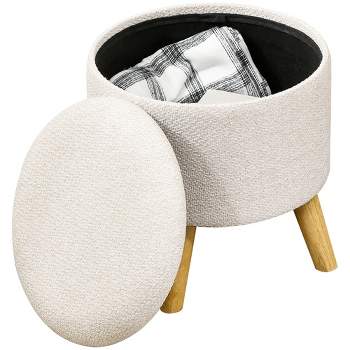 HOMCOM Storage Ottoman, Round Footstool with Linen Feel Fabric Upholstery, Removable Top, Hidden Space and Wood Legs for Living Room