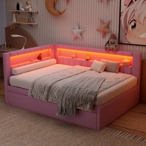 TiramisuBest Upholstered Full Size Platform Bed with USB Ports and LED Belt, With Trundle - 1 of 4
