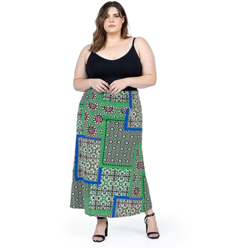 24seven Comfort Apparel Green Scarf Print Plus Size  Elastic Waist Ankle Length Comfortable Maxi Skirt, 5 of 7