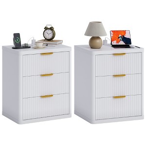 Fluted Nightstand w/ Charging Station, Mid Century Modern Bedside Table with Drawers & Open Shelf - 1 of 4