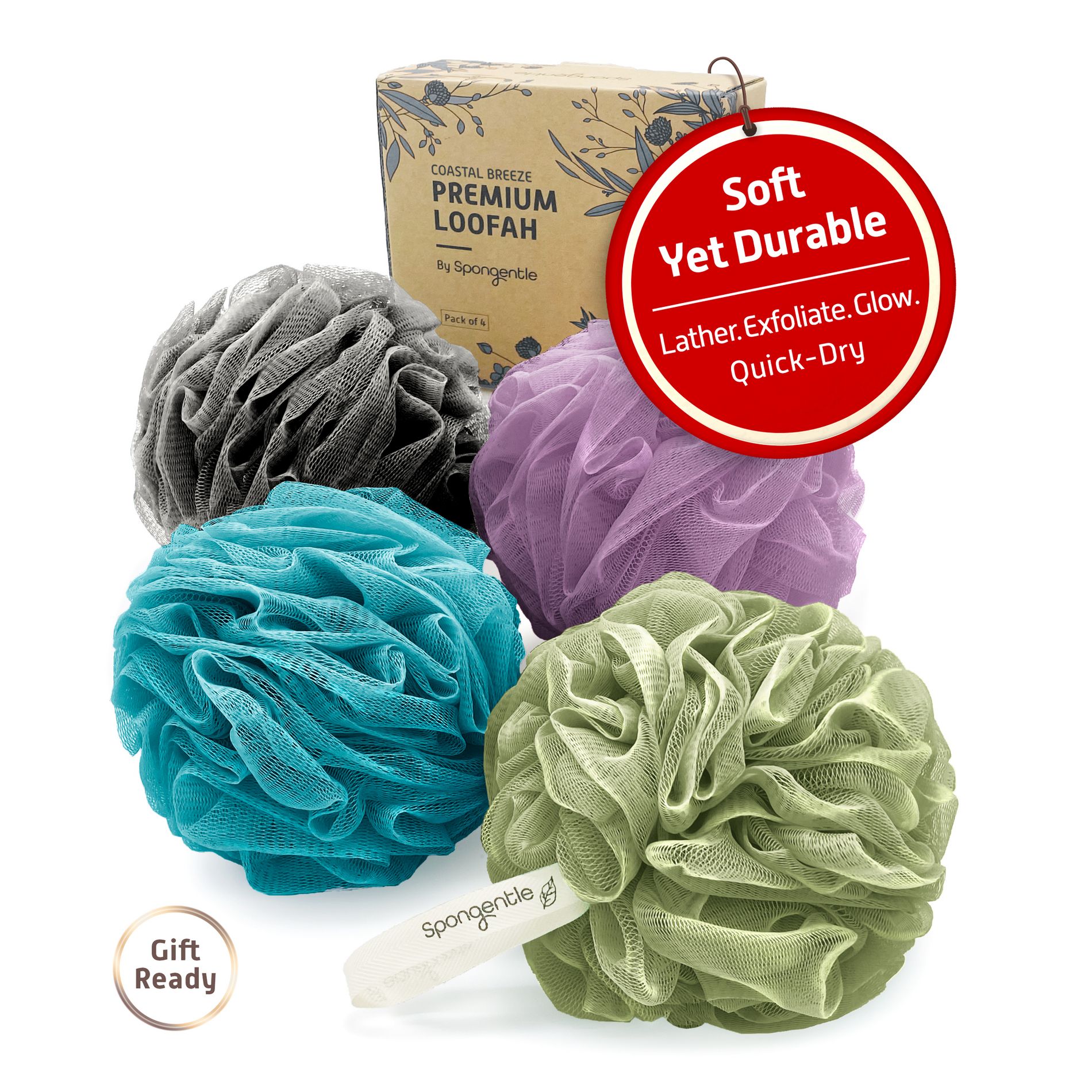 Spongentle Loofah Bath Sponge, Exfoliating Scrubber for Bath & Shower, Ideal for Women & Men Pack of 4