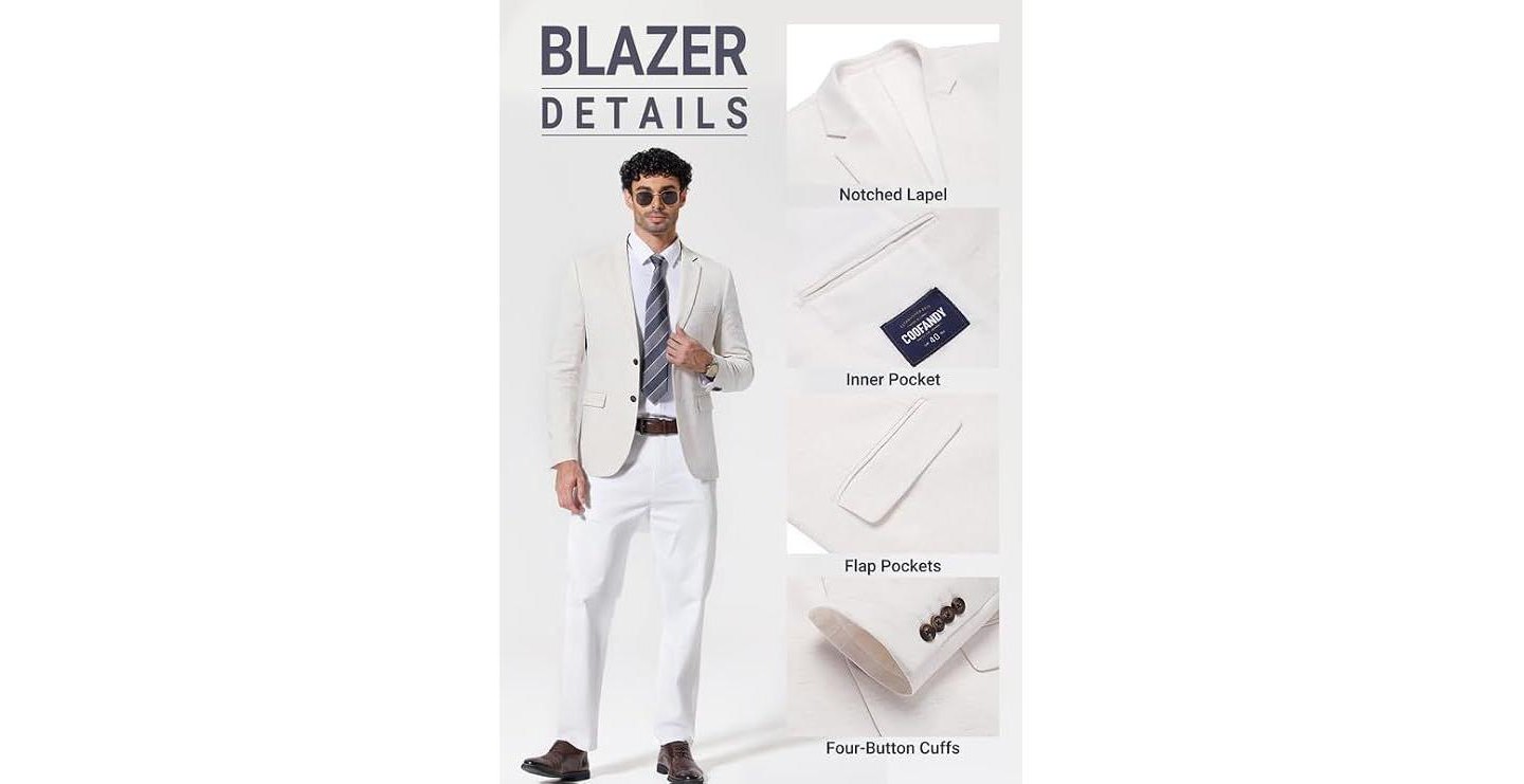 Мужские платья COOFANDY Blazer Jacket Classic Fit Casual Linen Jacket Big and Dress Wedding Suit Jacket White, цвет: Белый — фото 4