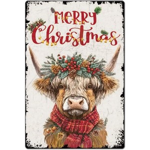 Lomsoe Christmas Highland Cow Metal Signs Highland Cow Tin Sign Metal Wall Plaques Funny Poster Vintage Decor Home Wall Art Retro Christmas Decoration - 1 of 1