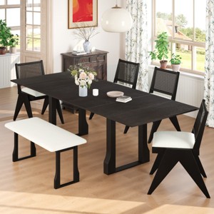6 PCS Dining Extendable Table Set, Table with Removable Leaves, Upholstered Chairs with Rubber Wood Frame and Polyester Cushion-Baofuwish - 1 of 4