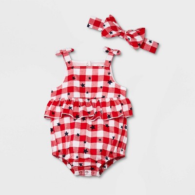 Image of Baby Girls' Gingham Star Poplin Romper with Headband - Cat & Jack™ Red 6-9M