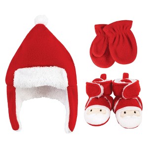 Hudson Baby Unisex Baby Trapper Hat, Mitten and Bootie Set, Santa - 1 of 4