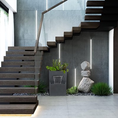 Gray Polyresin Modern Rectangular Waterfall Fountain with Planter