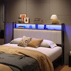Pinmoco Queen LED Headboard, Linen Upholstered Storage Headboard with Charging Station, Beige - 1 of 4