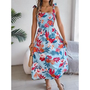 Womens Summer Dress Smocked Bust Adjustable Shoulder Tie Midi Beach Dress - 1 of 4