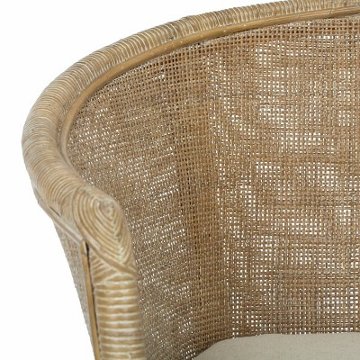 Transitional Whitewashed Rattan Armchair with Off-White Linen Cushion