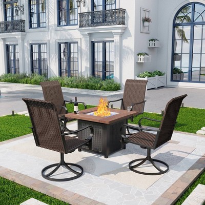 5pc Patio Dining Set With Square Steel Fire Pit Table & Rattan 360 