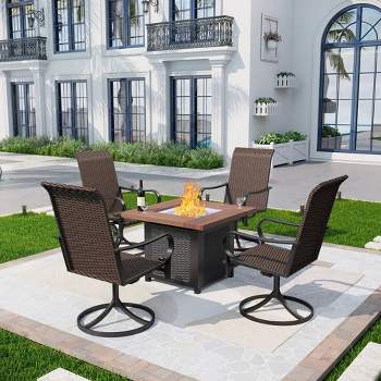 5pc Patio Dining Set with Square Steel Fire Pit Table & Rattan 360 Swivel Chairs - Captiva Designs