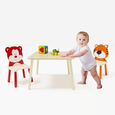 Acoinel Bear & Tiger 3 Pieces Wooden Activity Play Table Set,Kids Table and 2 Chairs Set
