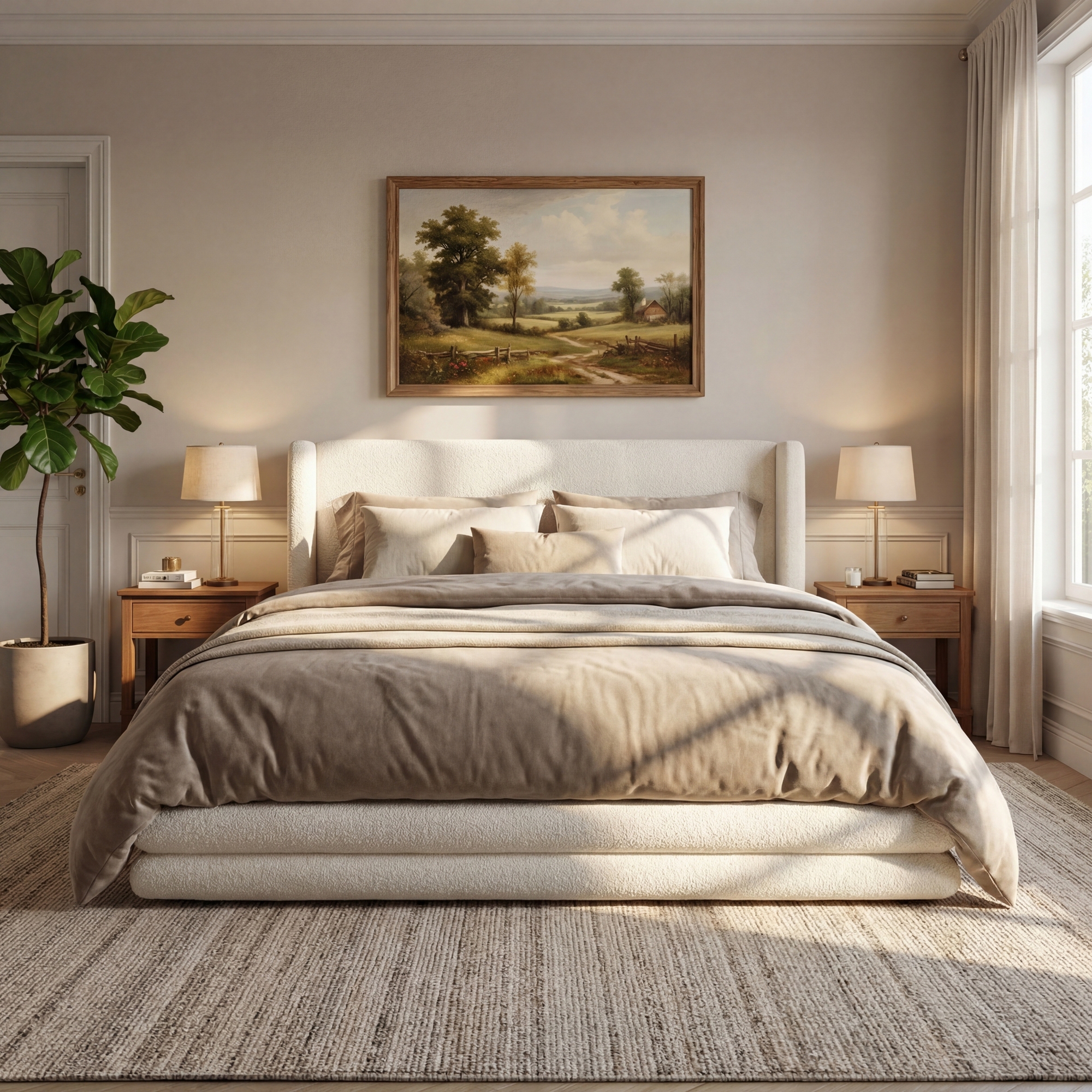 ModernLuxe King Size Bed Frame with Wingback Headboard, Modern Boucle Upholstered Platform Bed, White