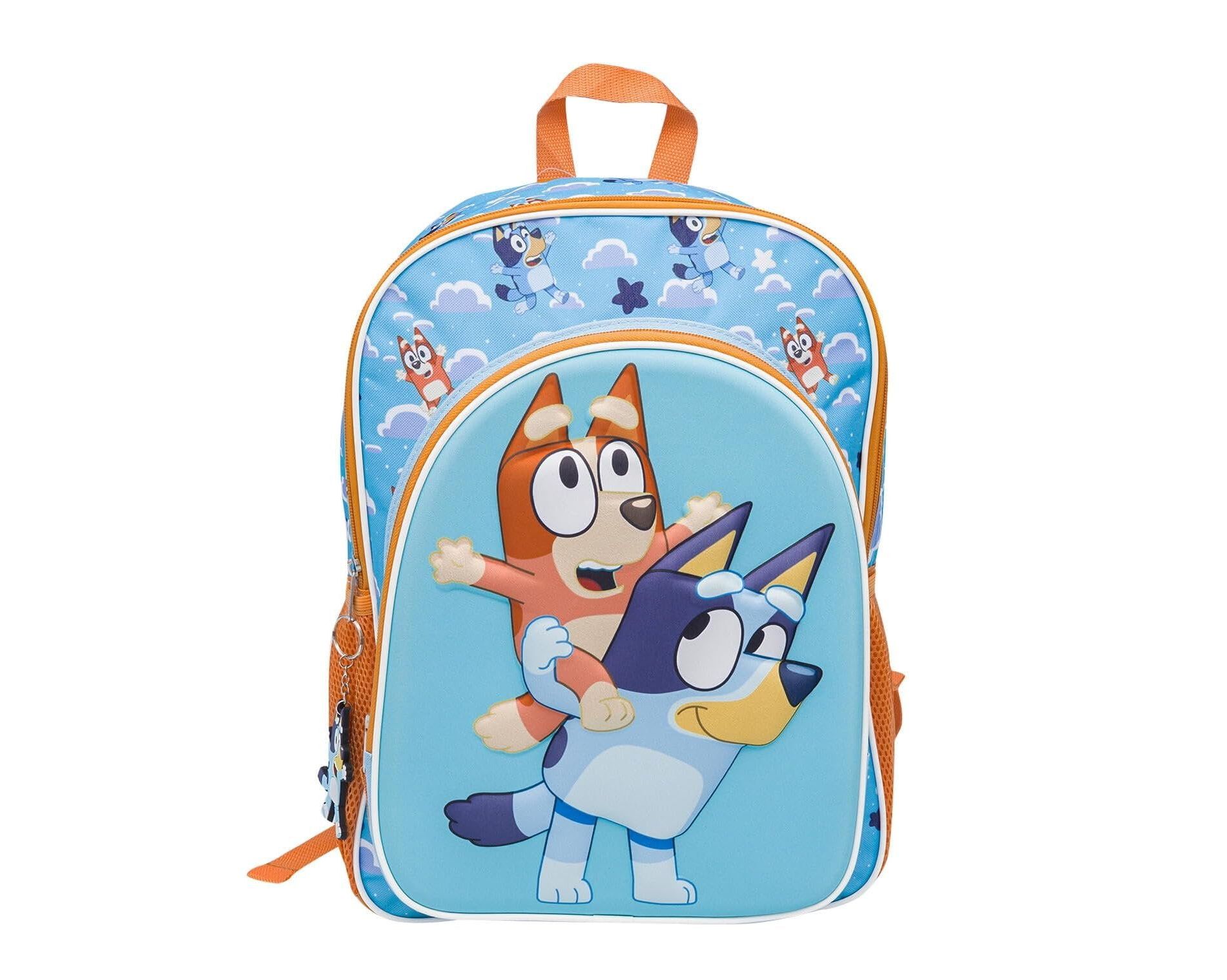 Fast Forward Bluey & Bingo 16" Backpack with 3D Character Print & Bluey Keychain – Kids School Bag with Front Pocket & Mesh Side Pockets