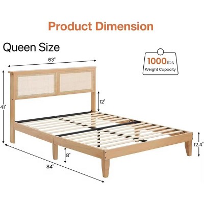 Garvee Full/Queen Size Rattan Bed Frame with Natural Rattan Headboard, Boho Style with LED Lights, Solid Wood Slats, No Box Spring Needed