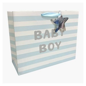 Bows And Sparkles Medium Striped Foil Print 'Baby Boy' Baby Shower Gift Bag with Tag White/Blue - 1 of 4