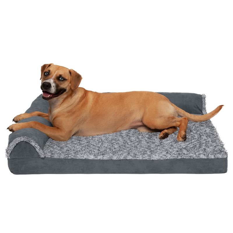 FurHaven Two-Tone Faux Fur & Suede Deluxe Chaise Lounge Cooling Gel Top Foam Sofa Dog Bed, 1 of 4