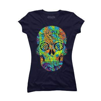 Junior's Design By Humans Dia del Muertos Day of the dead halloween floral skull By ppanda T-Shirt