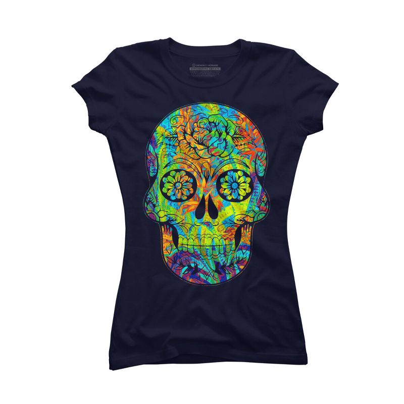 Junior's Design By Humans Dia del Muertos Day of the dead halloween floral skull By ppanda T-Shirt, 1 of 4