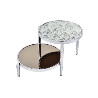 Chic 37" Chrome Round Nesting Coffee Table with Mirrored Glass