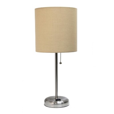 Brushed Steel Stick Nightstand Lamp with Tan Fabric Shade