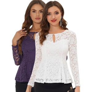 INSPIRE CHIC Women's Floral Lace Front Peplum Hem Keyhole Sheer Long Sleeve Blouse 2 Pieces - 1 of 4
