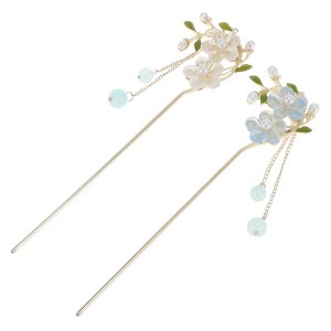 Unique Bargains Halloween Christmas Women's Floral Hair Stick Pin White Blue Silver Tone 2 Pcs - 1 of 4